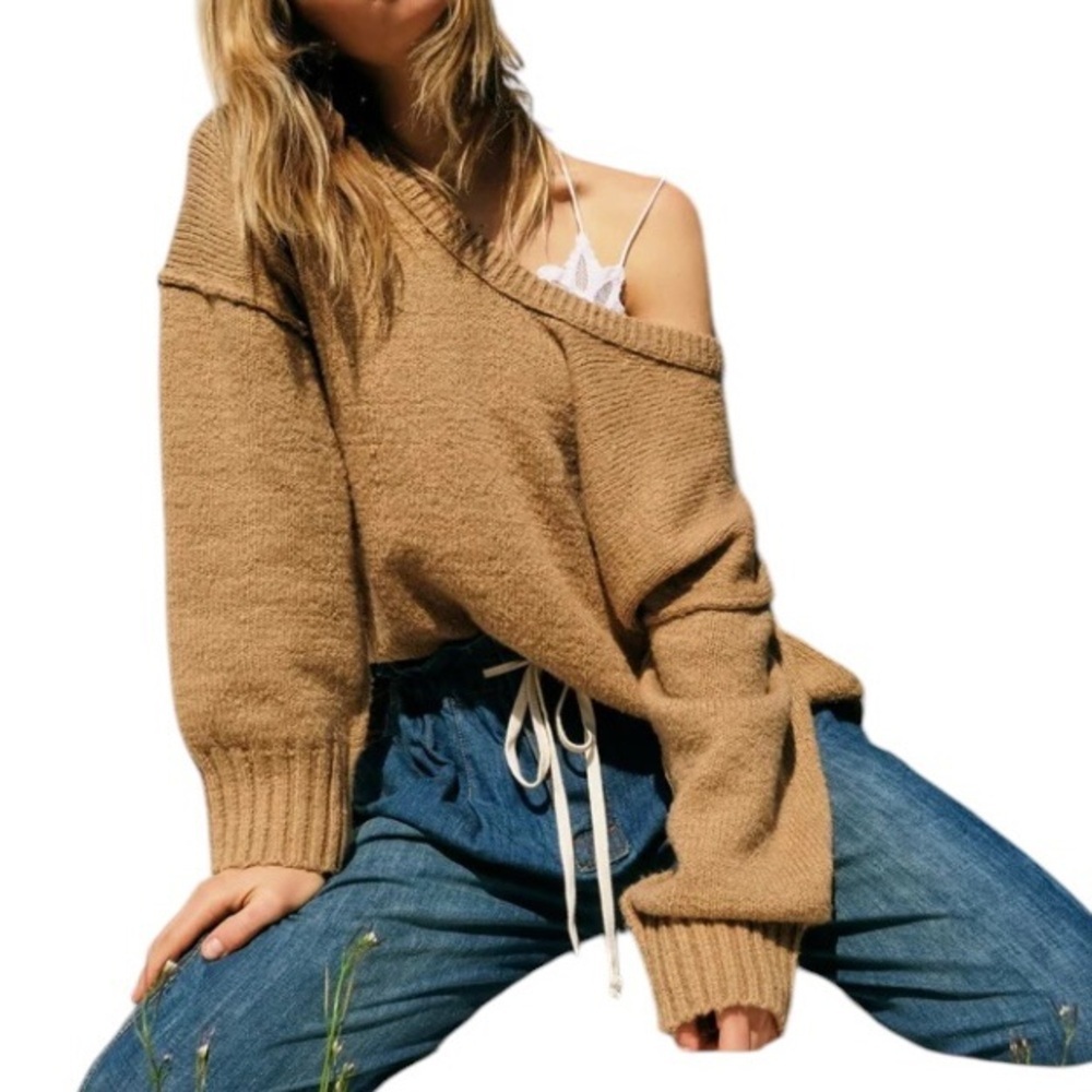 Free People Oversized Sweater Boho Cozy Brookside Slouchy Camel Tan Knit Size M - Picture 3 of 9